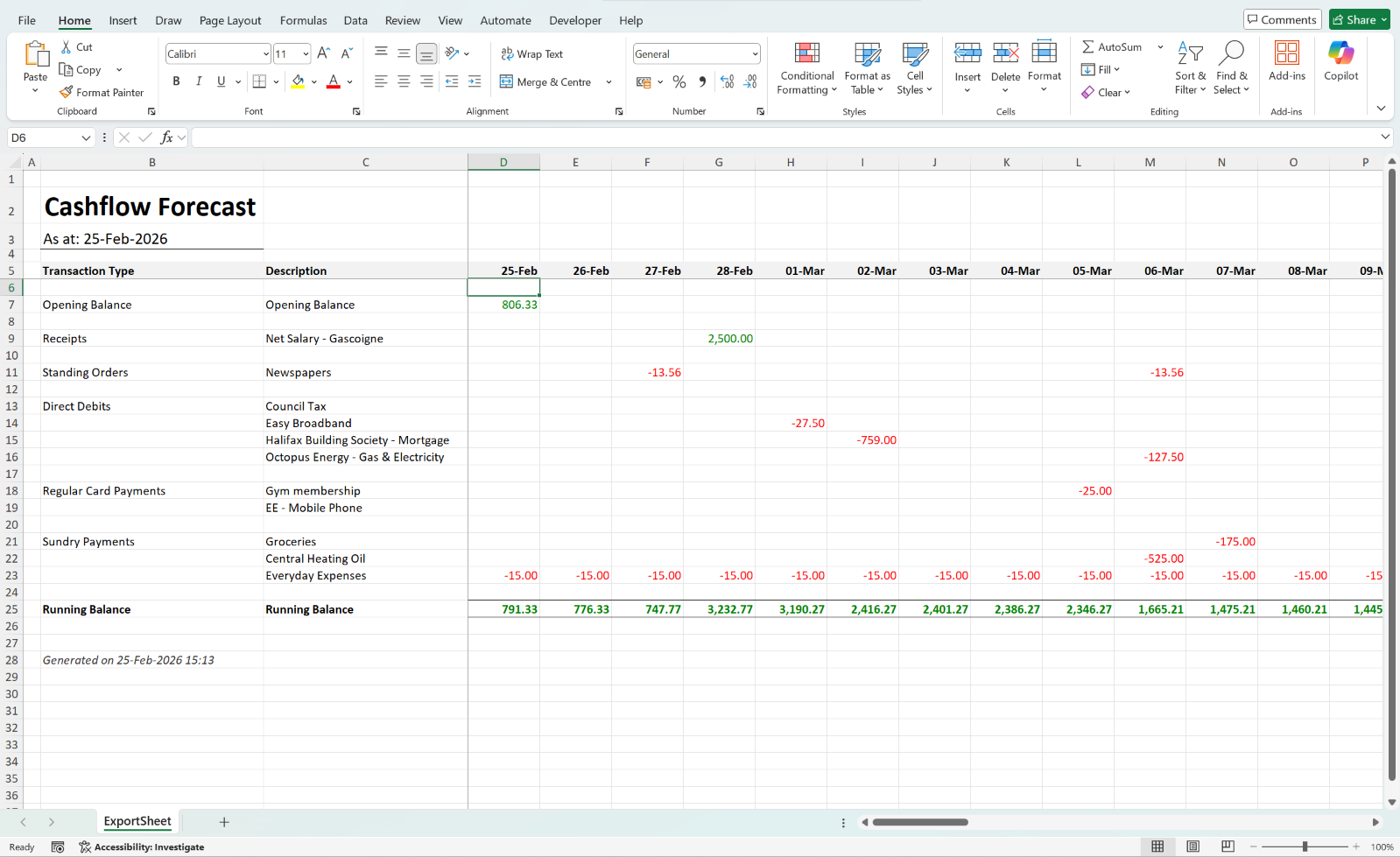 Cashflow Forecast exported to Excel